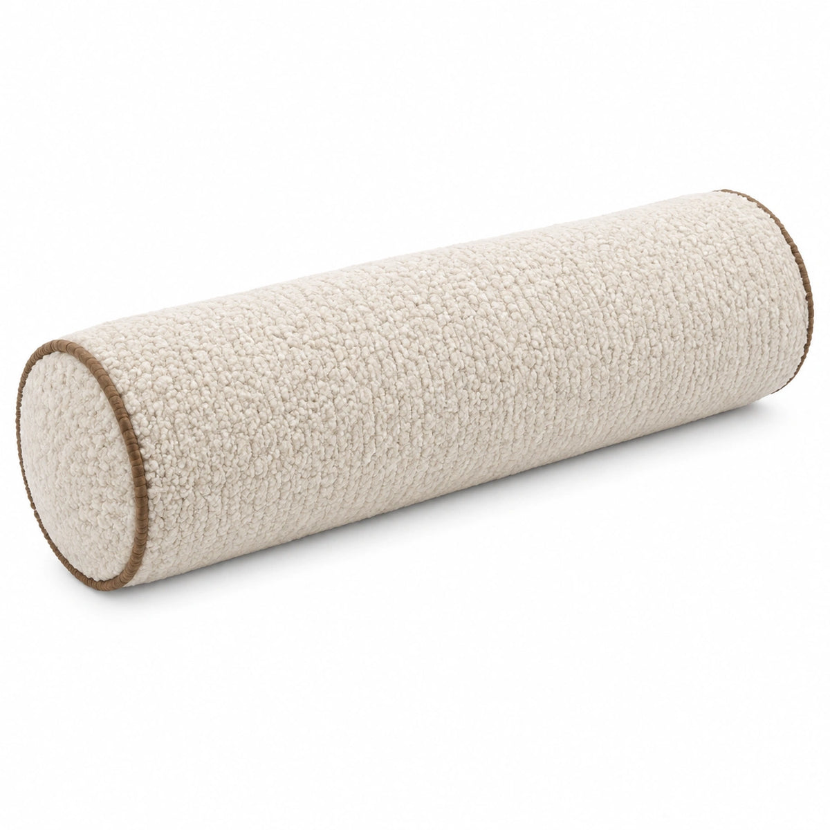 Cuscino cilindrico 20 x 60 cm in tessuto bouclé avorio con bordino marrone - supporto decorativo