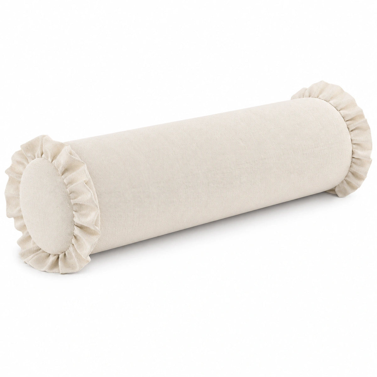 Cuscino cilindrico 20 x 45 cm in tessuto avorio con volant decorativo