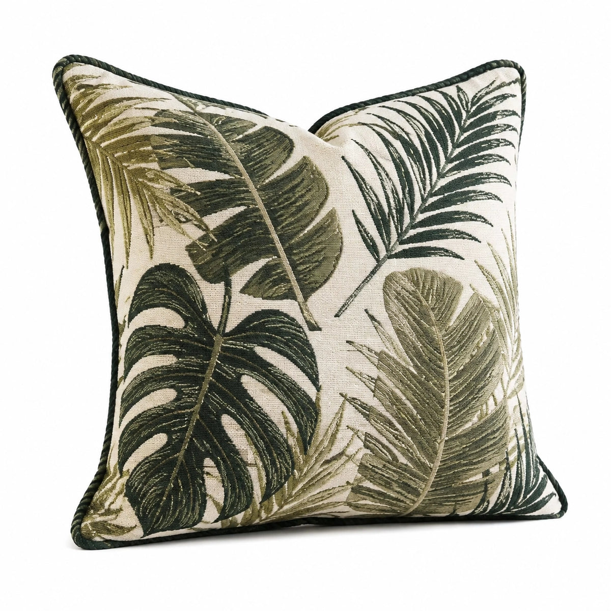 Cuscino decorativo quadrato 45 x 45 cm in tessuto verde e avorio con foglie stile botanico