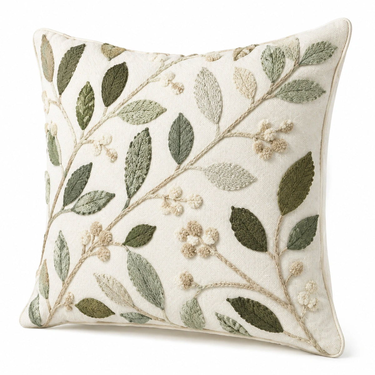 Cuscino decorativo quadrato 45 cm in tessuto avorio e verde con ricamo floreale