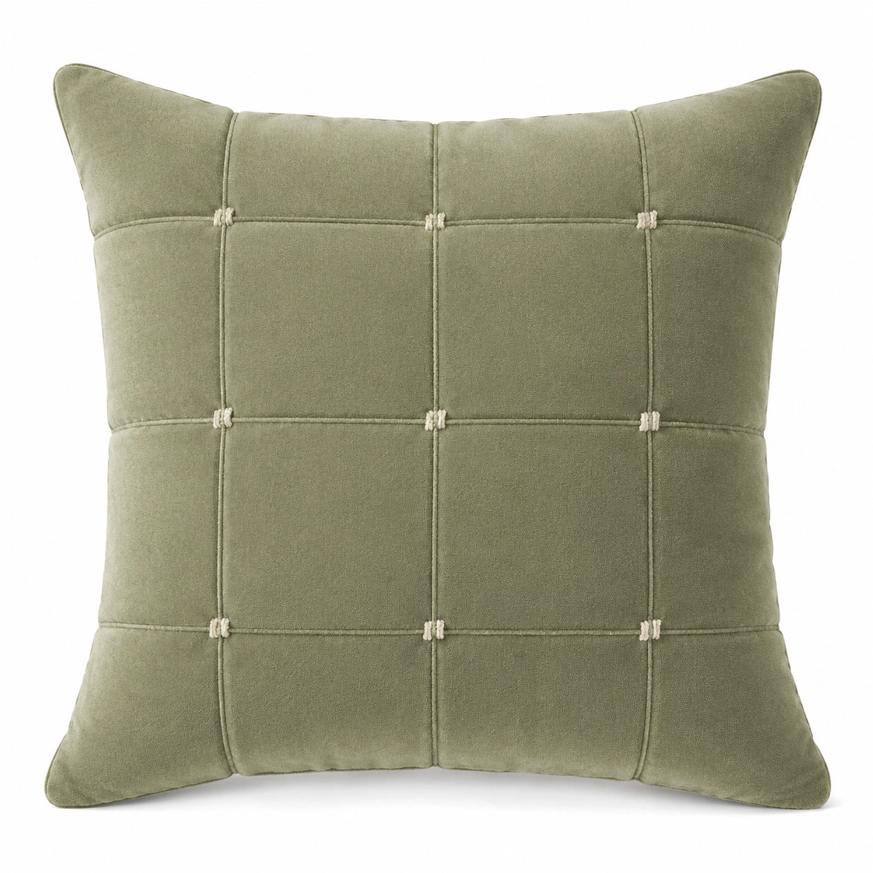 Cuscino decorativo quadrato 45 cm in tessuto effetto velluto verde salvia con motivo trapuntato