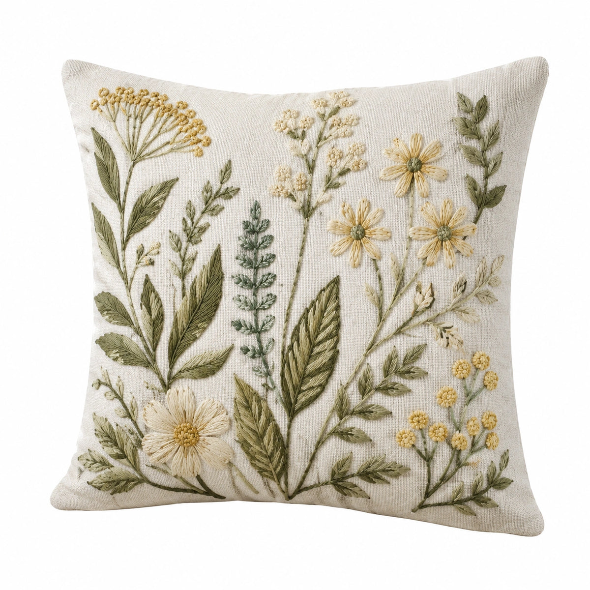 Cuscino decorativo quadrato 45 x 45 cm in tessuto beige con ricamo floreale stile botanico