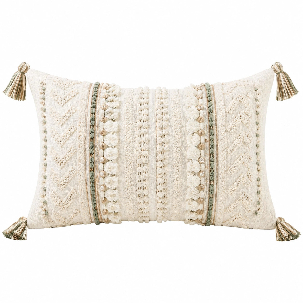 Cuscino decorativo rettangolare 50 x 30 cm in tessuto crema verde salvia stile boho con nappe