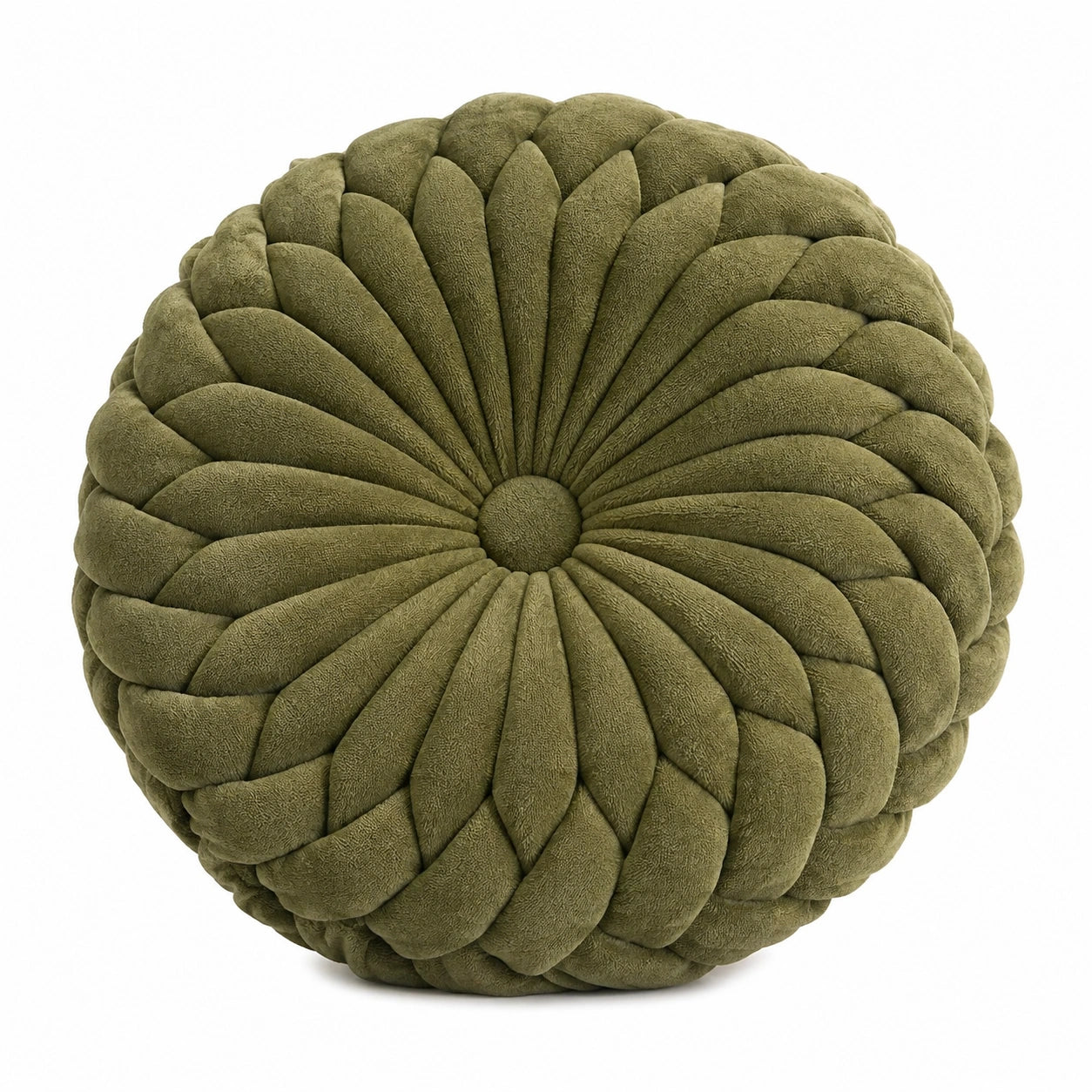 Cuscino decorativo rotondo Ø45 cm in tessuto bouclé verde oliva con lavorazione intrecciata