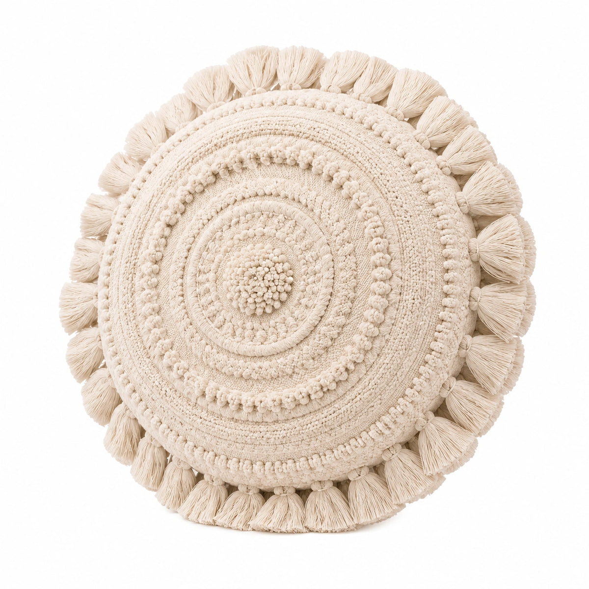Cuscino decorativo rotondo 45 cm in cotone beige con nappe stile boho