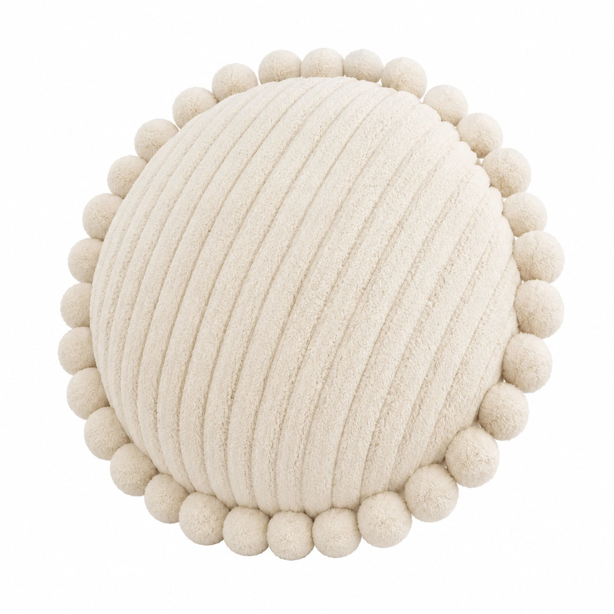 Cuscino rotondo 40 cm in tessuto effetto peluche avorio con pompon decorativi